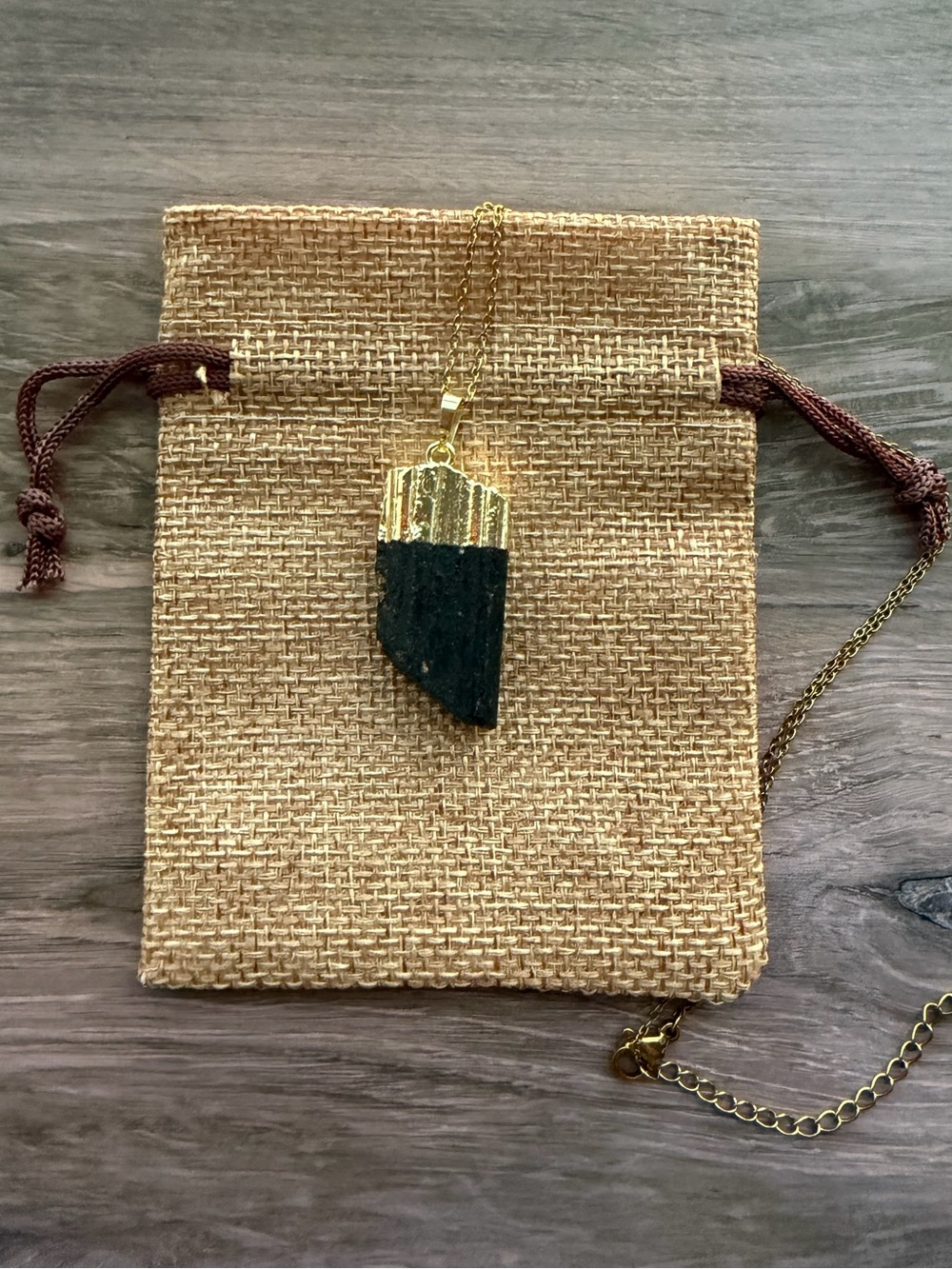 Brand New Raw Black Tourmaline Pendant with Gold plated Stainless Steel Chain